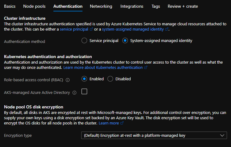 Create AKS Cluster - Cluster infrastructure, kubernetes authentication and authorization, and node pool OS disk encryption.