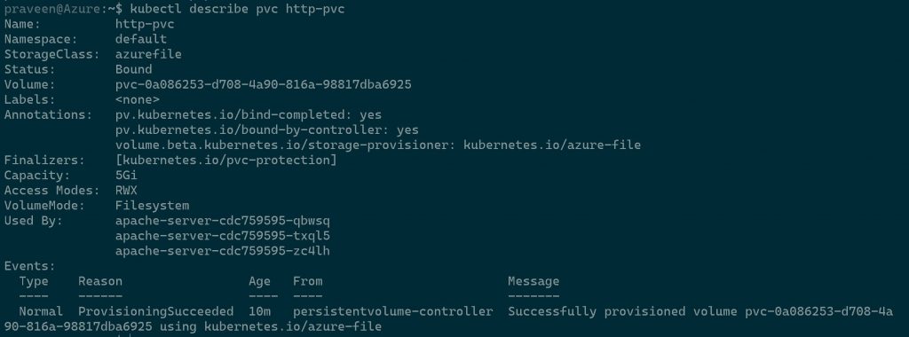 kubectl describe pvc output